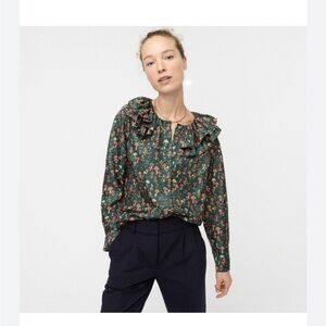 J Crew Collection Silk Twill Ruffle Collar Top In Mushroom Floral NWT XXS